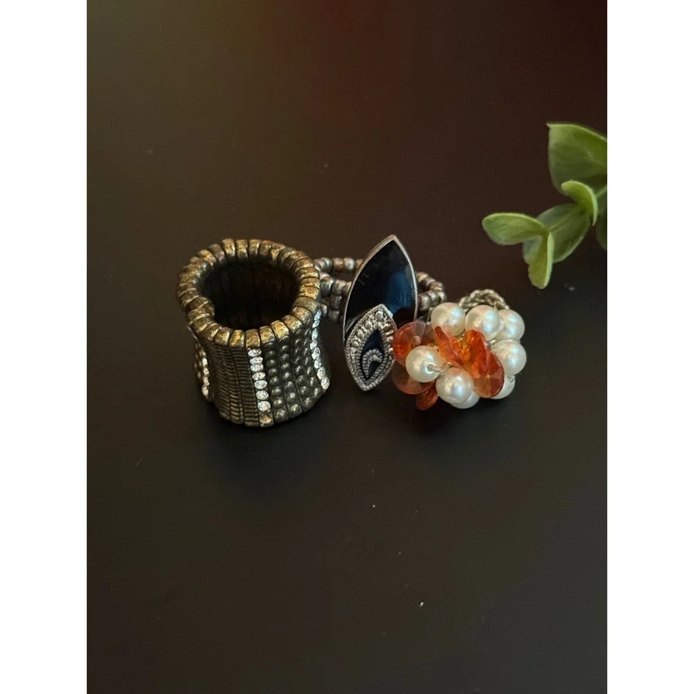 Set of 3 Women's Stretch Rings Faux Pearl Rhinestone Brass Silver Color